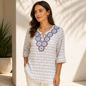 Dana Buchman XL Top Gray Diamond Embroidered V-Neck Tunic Boho Gypsy NWT‎